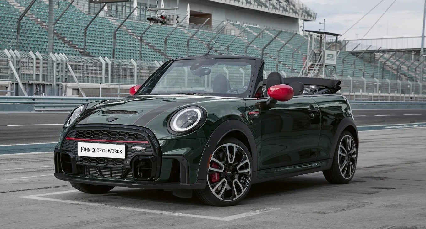 The JCW MINI Convertible zooming on the racetrack. | MINIDemo3 in Derwood MD